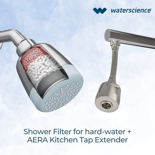 CLEO Shower Filter for Hard Water | Borewell/Tanker Water Cartridge + AERA Flexi Kitchen Tap Extender