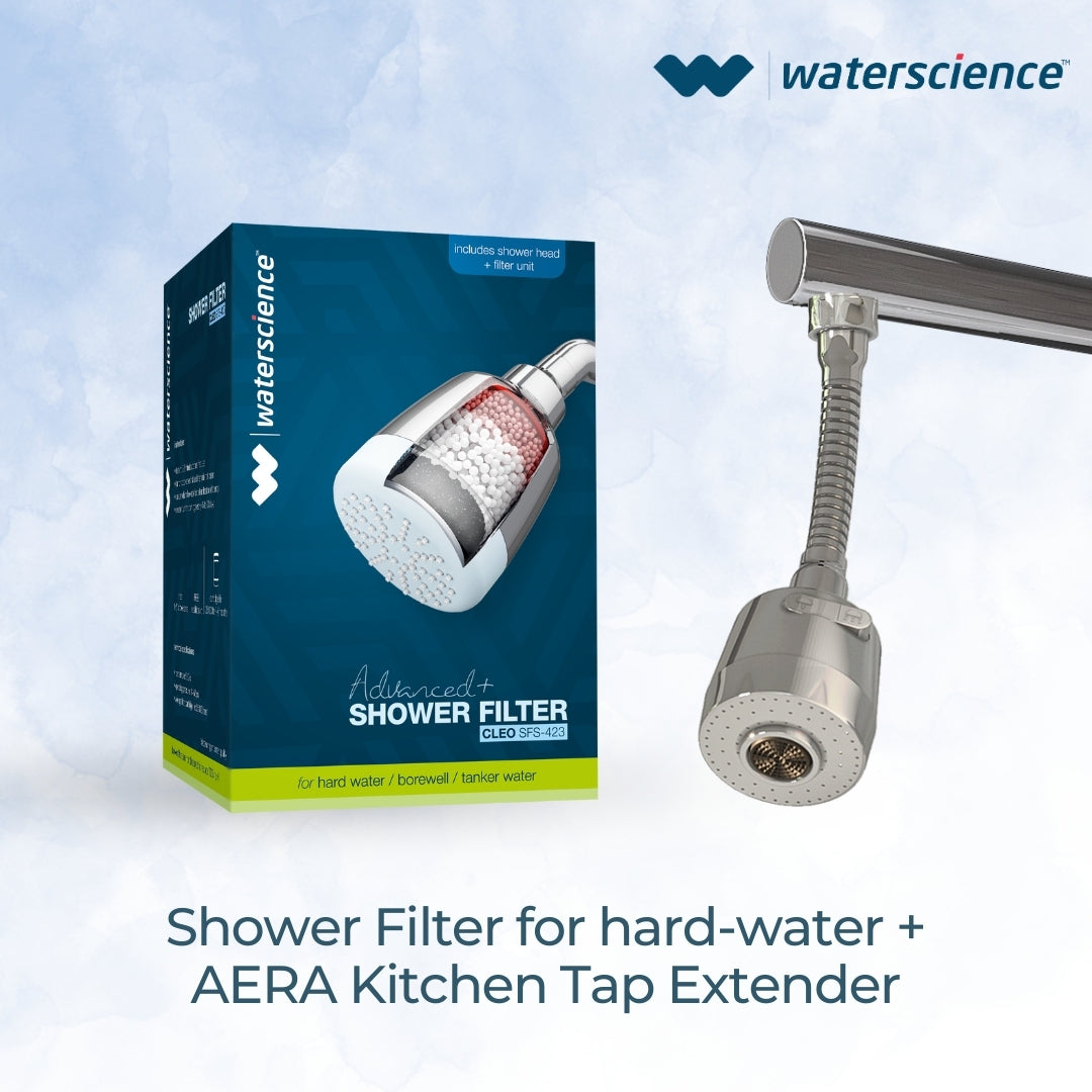 CLEO Shower Filter for Hard Water | Borewell/Tanker Water Cartridge + AERA Flexi Kitchen Tap Extender
